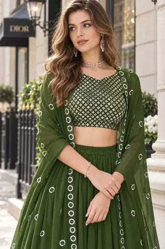 Mehendi georgette free size stitched lehenga choli with sequence & thread work