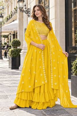 Yellow georgette free size stitched lehenga choli with sequence & thread work 1