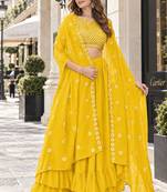 Yellow georgette free size stitched lehenga choli with sequence & thread work