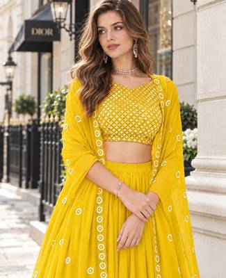 Yellow georgette free size stitched lehenga choli with sequence & thread work 2