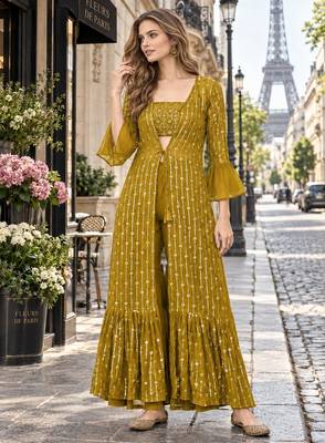 Mustard georgette free size stitched shrug suit with sequence thread work 1