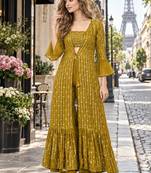 Mustard georgette free size stitched shrug suit with sequence thread work