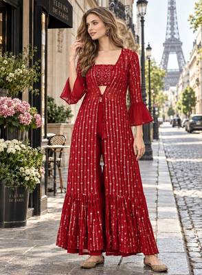 Red georgette free size stitched shrug suit with sequence thread work 1