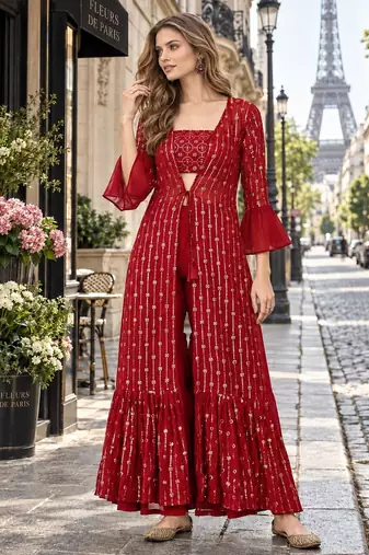 Red georgette free size stitched shrug suit with sequence thread work