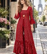 Red georgette free size stitched shrug suit with sequence thread work