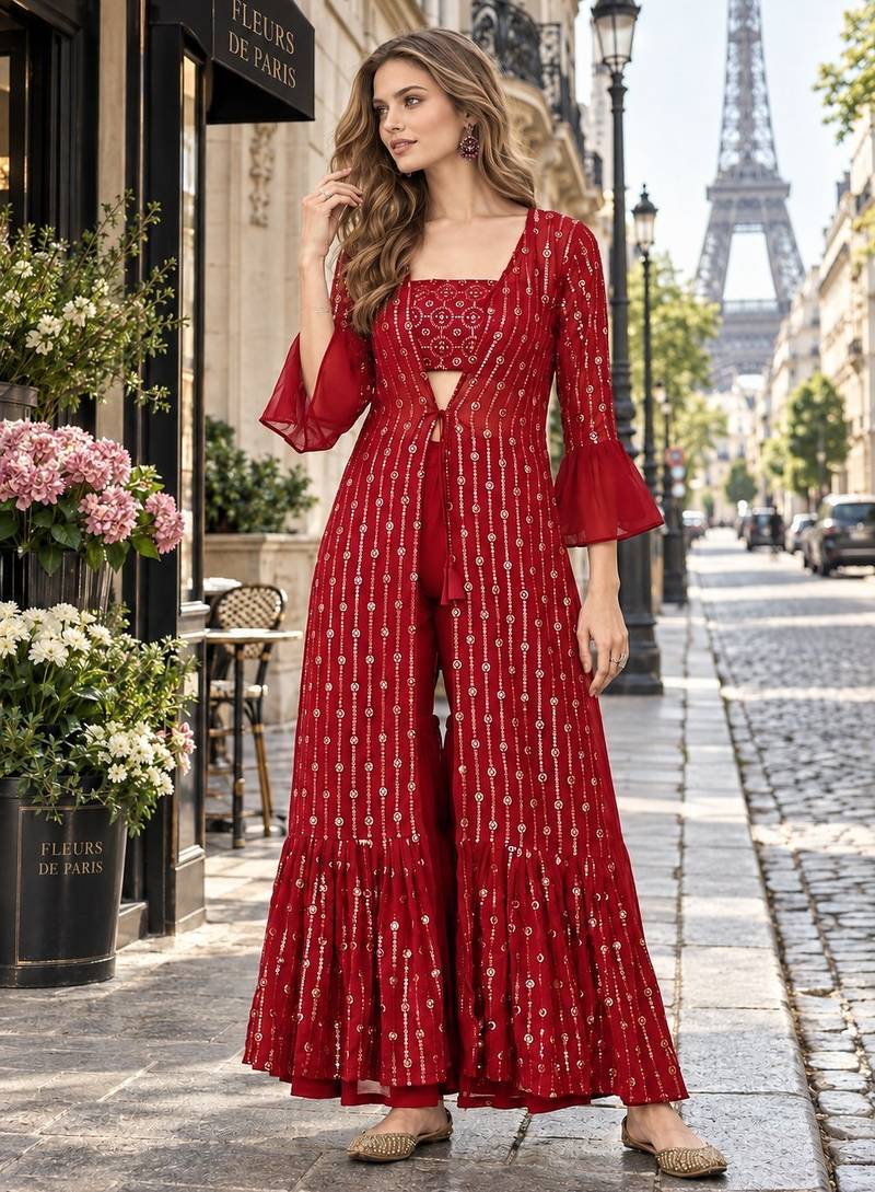 Red georgette free size stitched shrug suit with sequence thread work