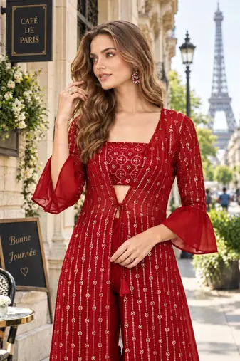 Red georgette free size stitched shrug suit with sequence thread work