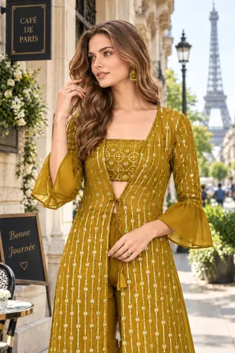 Mustard georgette free size stitched shrug suit with sequence thread work