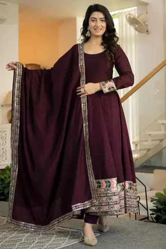 Elegant wine anarkali suit with embroidered border & matching dupatta