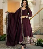 Elegant wine anarkali suit with embroidered border & matching dupatta