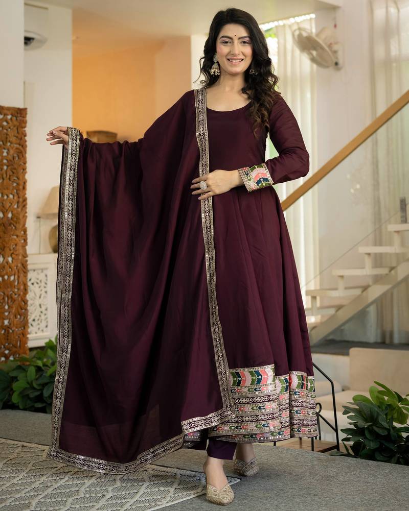 Elegant wine anarkali suit with embroidered border & matching dupatta