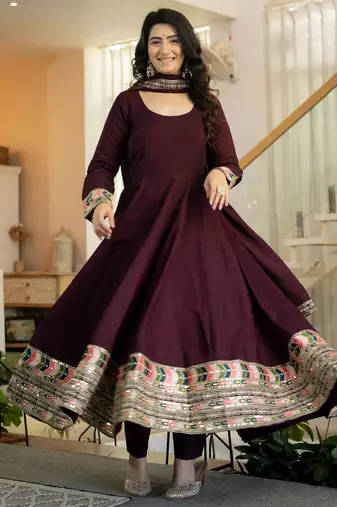 Elegant wine anarkali suit with embroidered border & matching dupatta