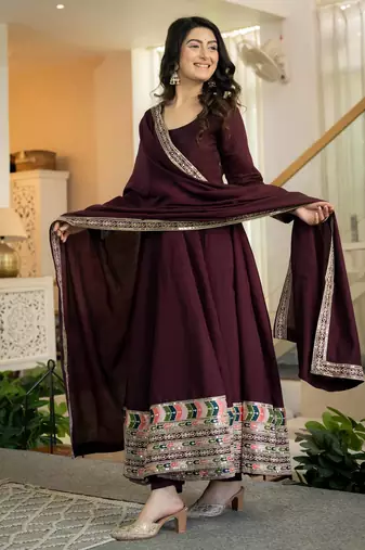 Elegant wine anarkali suit with embroidered border & matching dupatta