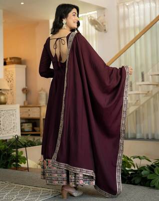 Elegant wine anarkali suit with embroidered border & matching dupatta 4