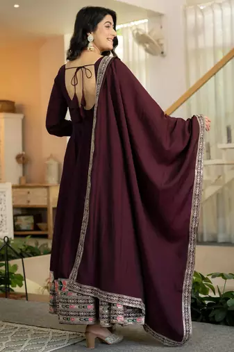 Elegant wine anarkali suit with embroidered border & matching dupatta