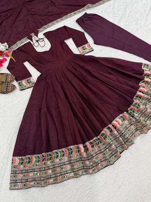 Elegant wine anarkali suit with embroidered border & matching dupatta 5