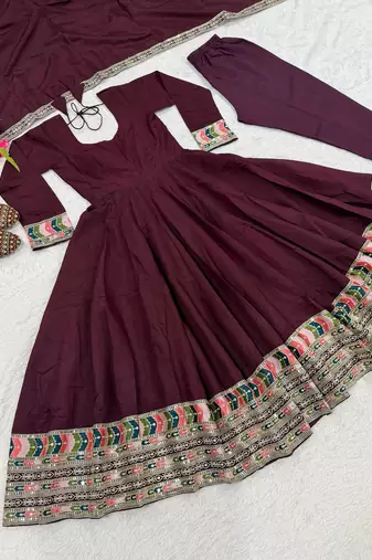 Elegant wine anarkali suit with embroidered border & matching dupatta