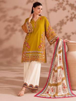 Mustard yellow embroidered lawn suit with wide-leg pants & printed dupatta 1