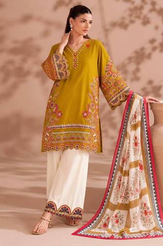 Mustard yellow embroidered lawn suit with wide-leg pants & printed dupatta