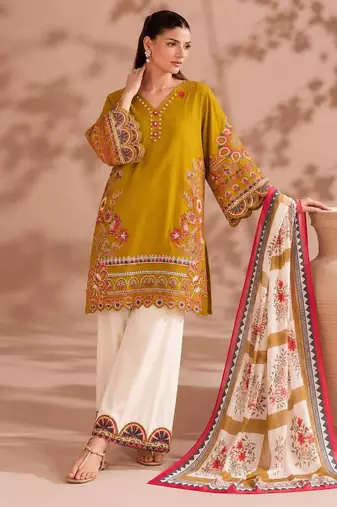 Mustard yellow embroidered lawn suit with wide-leg pants & printed dupatta