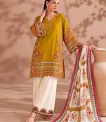 Mustard yellow embroidered lawn suit with wide-leg pants & printed dupatta