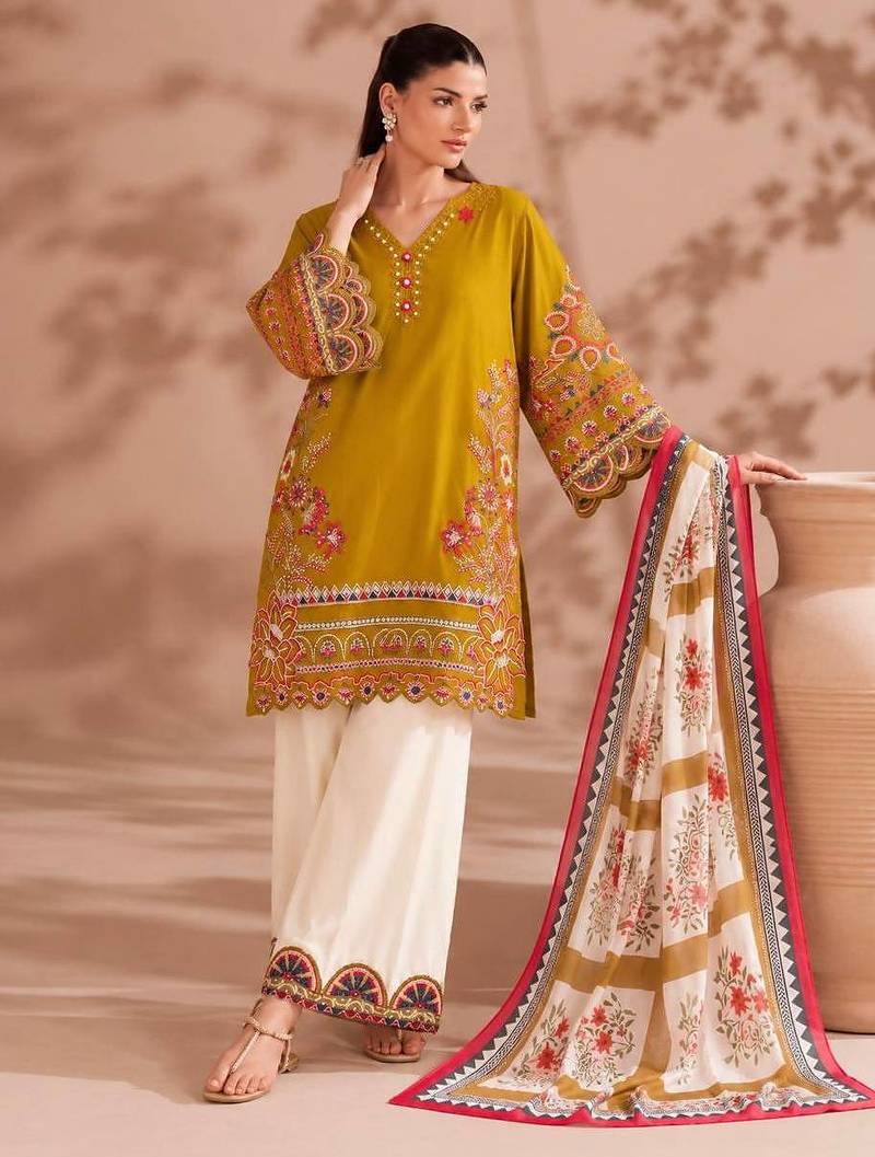 Mustard yellow embroidered lawn suit with wide-leg pants & printed dupatta