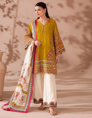 Mustard yellow embroidered lawn suit with wide-leg pants & printed dupatta 2