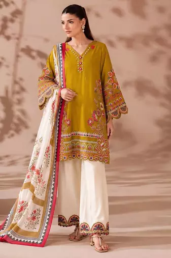 Mustard yellow embroidered lawn suit with wide-leg pants & printed dupatta