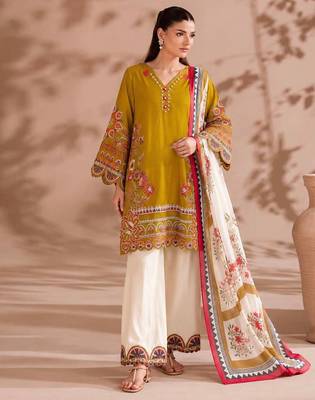 Mustard yellow embroidered lawn suit with wide-leg pants & printed dupatta 3