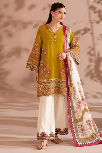 Mustard yellow embroidered lawn suit with wide-leg pants & printed dupatta