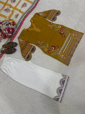 Mustard yellow embroidered lawn suit with wide-leg pants & printed dupatta 4