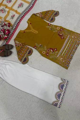Mustard yellow embroidered lawn suit with wide-leg pants & printed dupatta