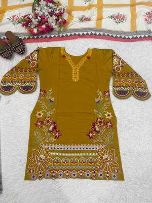 Mustard yellow embroidered lawn suit with wide-leg pants & printed dupatta 5