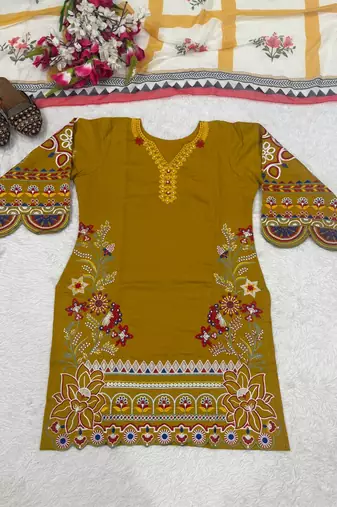 Mustard yellow embroidered lawn suit with wide-leg pants & printed dupatta