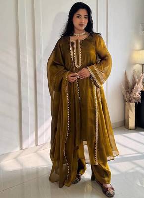 Elegant mustard embroidered anarkali suit set with dupatta 1