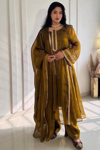 Elegant mustard embroidered anarkali suit set with dupatta