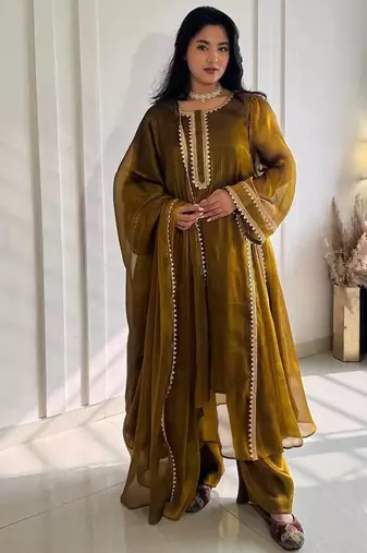 Elegant mustard embroidered anarkali suit set with dupatta