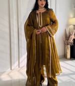 Elegant mustard embroidered anarkali suit set with dupatta