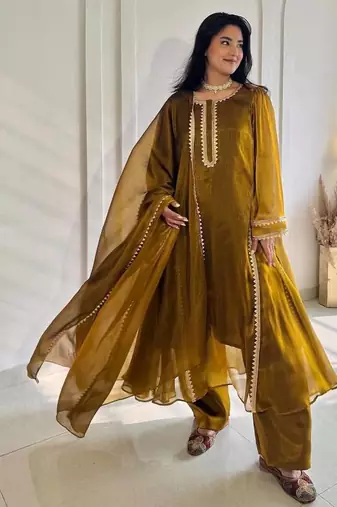 Elegant mustard embroidered anarkali suit set with dupatta