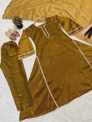 Elegant mustard embroidered anarkali suit set with dupatta 4