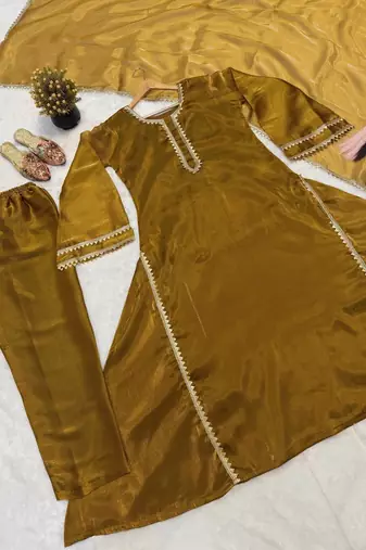 Elegant mustard embroidered anarkali suit set with dupatta