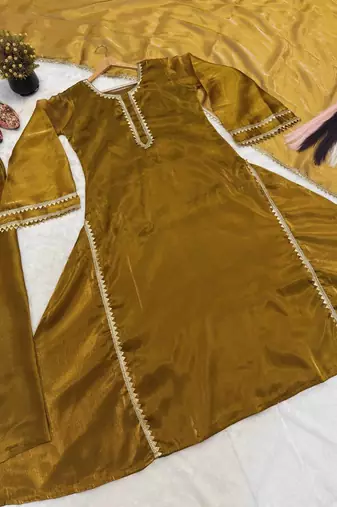 Elegant mustard embroidered anarkali suit set with dupatta