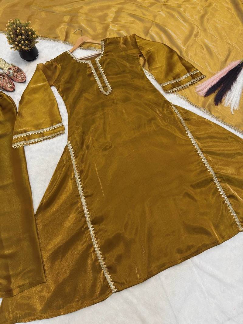 Elegant mustard embroidered anarkali suit set with dupatta