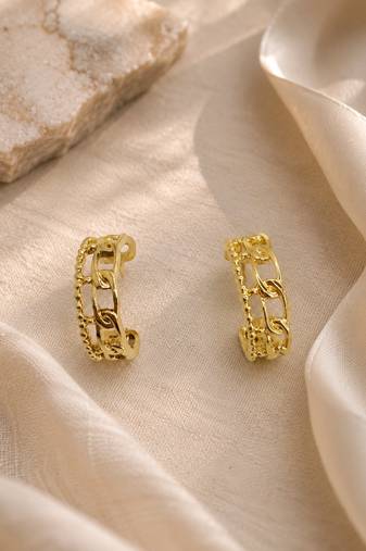 Gold plated stainless steel link chain design hoop earrings