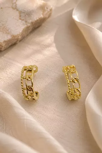 Gold plated stainless steel link chain design hoop earrings