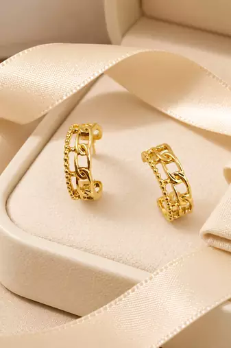 Gold plated stainless steel link chain design hoop earrings