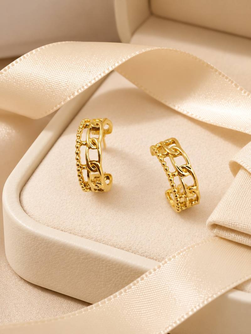 Gold plated stainless steel link chain design hoop earrings