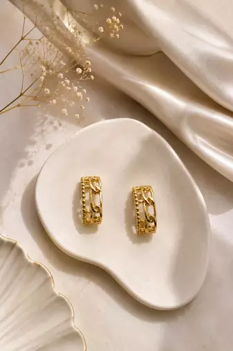 Gold plated stainless steel link chain design hoop earrings
