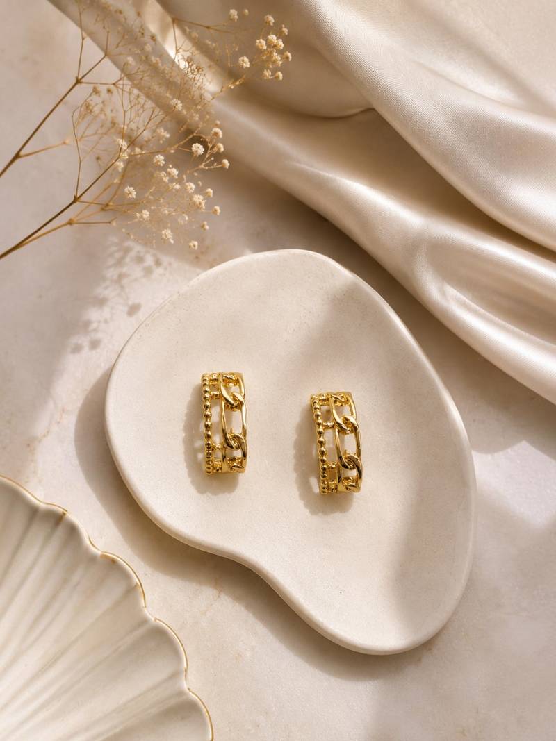 Gold plated stainless steel link chain design hoop earrings