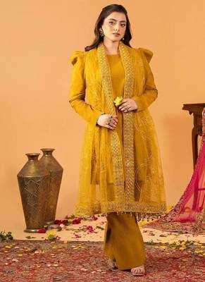 Musterd embroidered straight kurta with farshi salwar & dupatta set 1